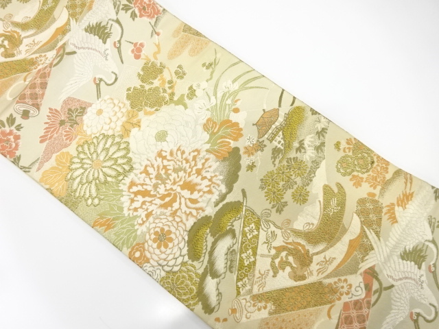 アンティーク　巻物に鶴・草花模様織り出し丸帯（材料）